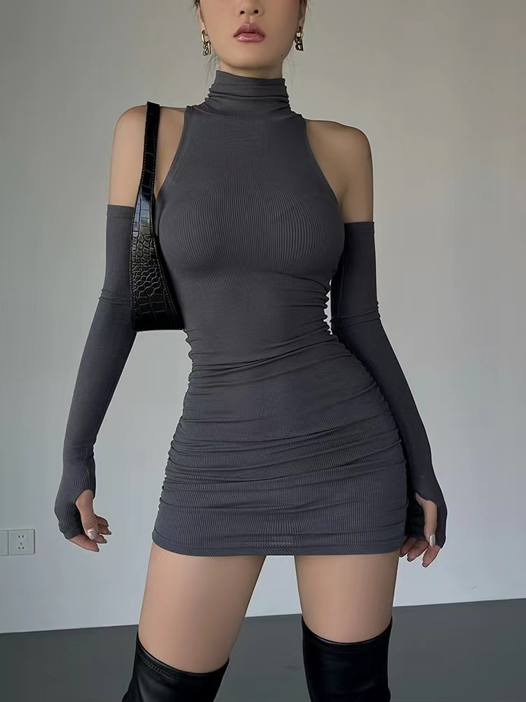 Ruched Bodycon Dress Women Turtleneck Mini Dresses With Sleeves Autumn Black Skinny Stretchy Party Vestidos Fashion Y2K Clothing