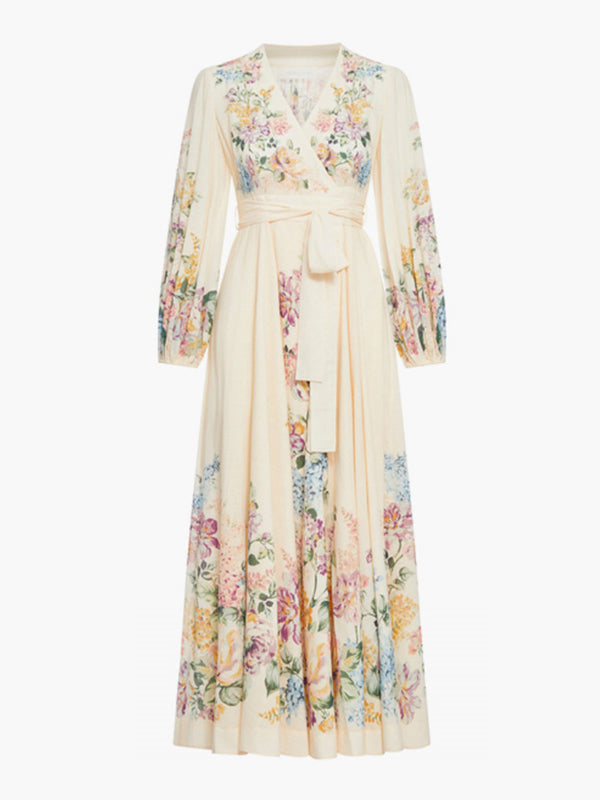 Flower Print Long Sleeves Bandage V-Neck Maxi Dresses