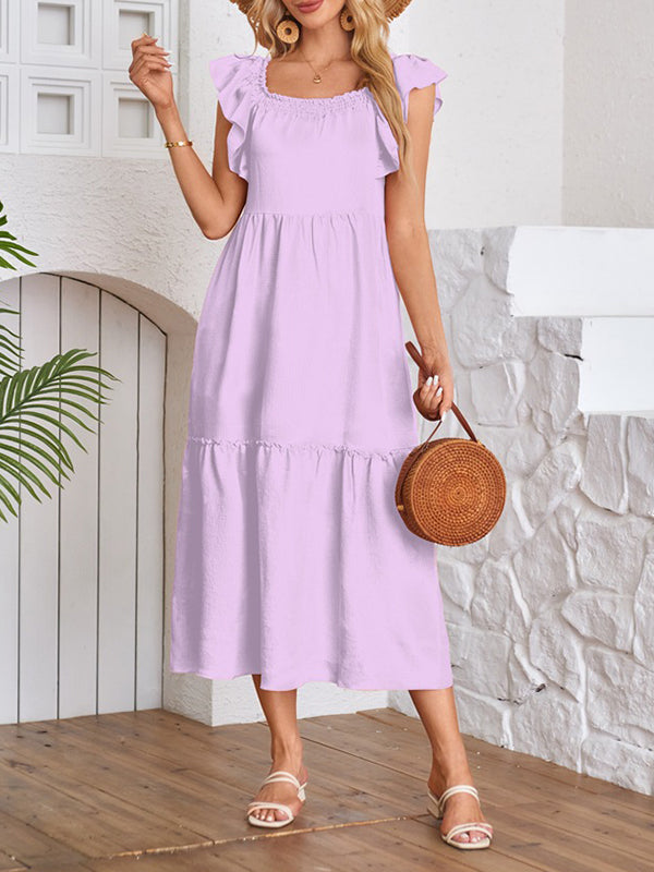 A-Line Loose Elasticity Pleated Ruffled Solid Color Split-Joint Off-The-Shoulder Midi Dresses
