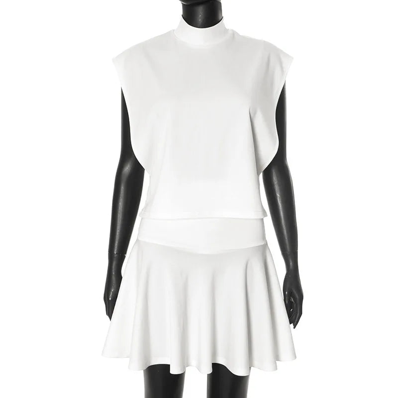 Kurzer Rock Zweiteiler Damen Halbrollkragen Ärmelloses Top Faltenrock Sexy Weiß Casual Matching Set 2025 Neu 
