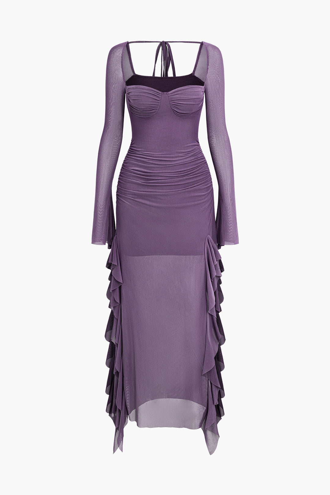 Gerüschtes Midikleid aus Netzstoff mit quadratischem Ausschnitt und Rüschenband 