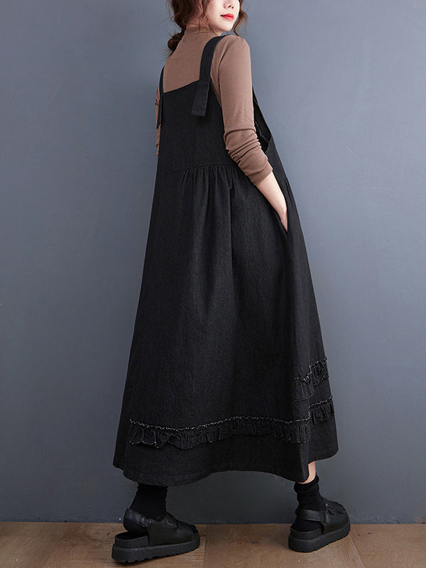 Oversize Loose Falbala Solid Color Denim Midi Dresses