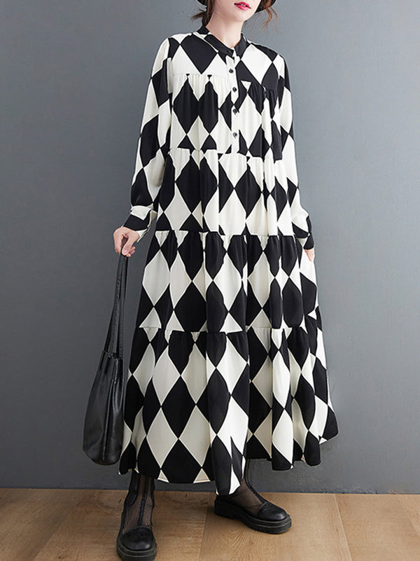 Buttoned Plaid A-Line Long Sleeves Polo Midi Dresses