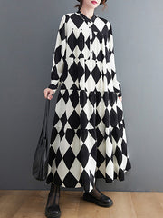 Buttoned Plaid A-Line Long Sleeves Polo Midi Dresses