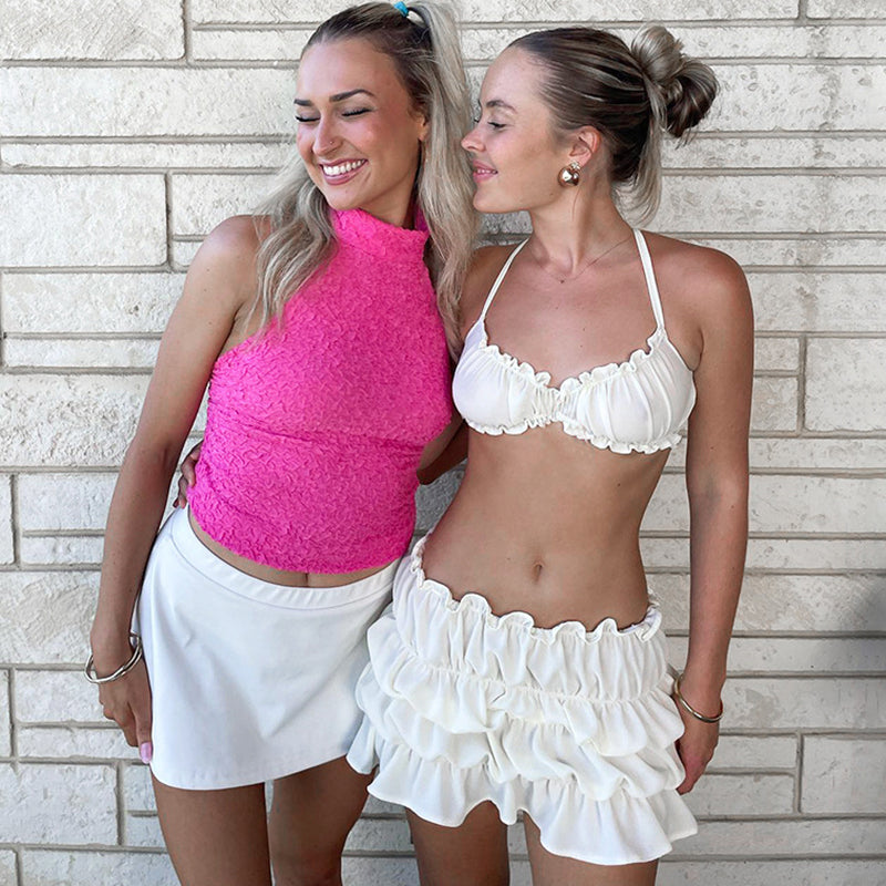 Sexy Camisole-Oberteil mit niedriger Taille, gestapelter gerüschter Rock, 2-teiliges Set, einfarbig, ärmellos, rückenfrei, Strandurlaub, Sommer-Outfit 
