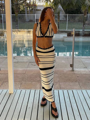 Gestreifter Bikini, lässiger Weste-Neckholder-Top-Anzug für Frauen, Strand, Bohemian, sexy, schlank, kontrastierender langer Rock, passende Sets, neue Weihnachtsgeschenke 