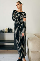 Line Pattern Round Neck Knit Maxi Dress