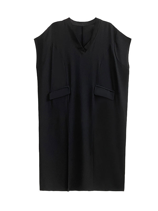 Loose Short Sleeves Asymmetric Solid Color Split-Joint Split-Side V-Neck Midi Dresses