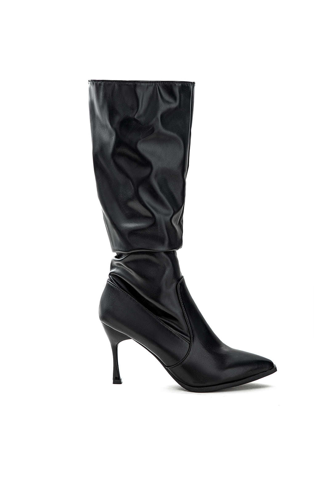 Faux Leather Ruched Stiletto Pointed Toe Knee-high Boots