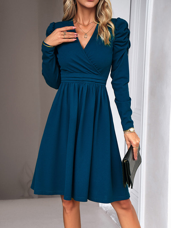 Pleated Solid Color Split-Joint Puff Sleeves Skinny V-Neck Midi Dresses