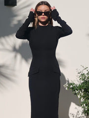 Half Turtleneck Long Sleeves Maxi Dress Fashion Office Lady Clothing Back Slit Gown Dress Female Solid Streetwear AutumnChristmas Gifts