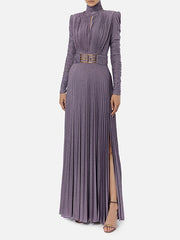Long Sleeves Pleated Solid Color Split-Side V-Back High-Neck Evening Dresses Maxi Dresses