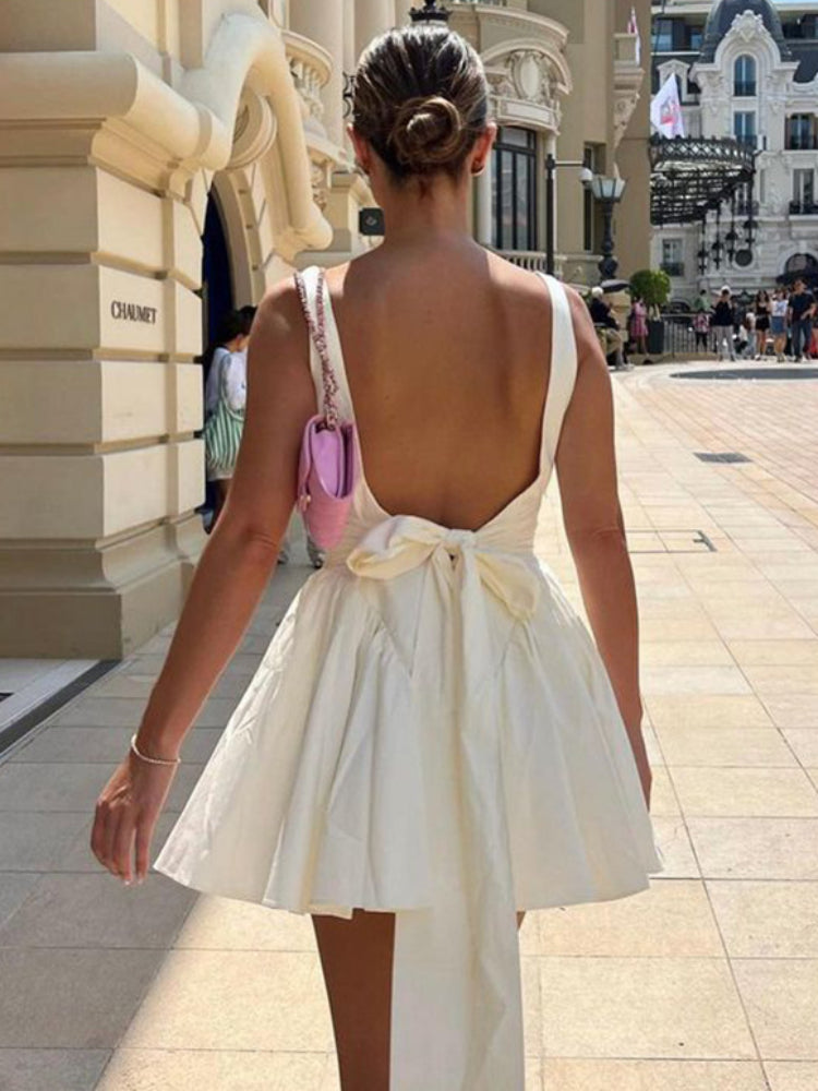 Bandage Backless Dress Women Bow Splice Folds Elegant High Waist Sundress Hot Girls 2025 Street Sexy Lace Up Dress FemmeChristmas Gifts