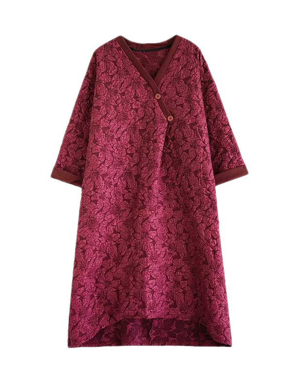 A-Line Half Sleeves Asymmetric Buttoned Jacquard V-Neck Midi Dresses