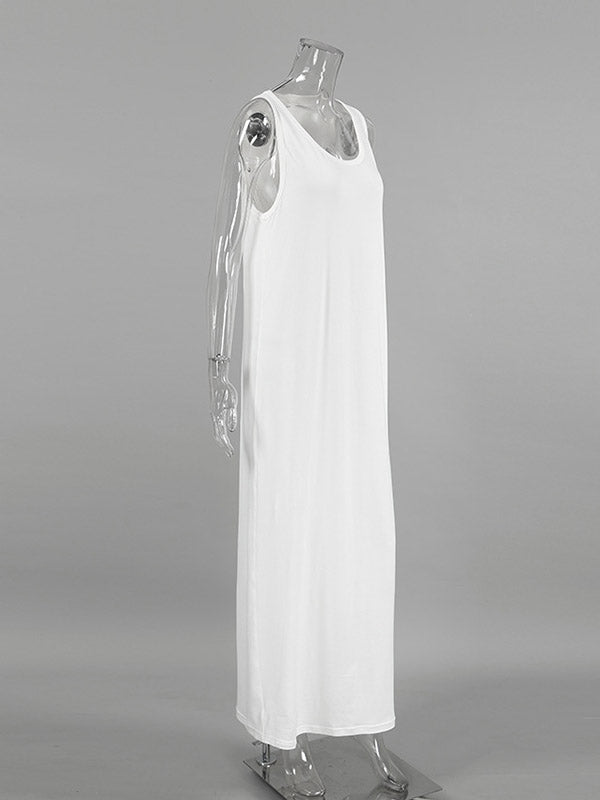 See-Through Solid Color See-through Split-Joint Loose Sleeveless U-Neck Maxi Dresses