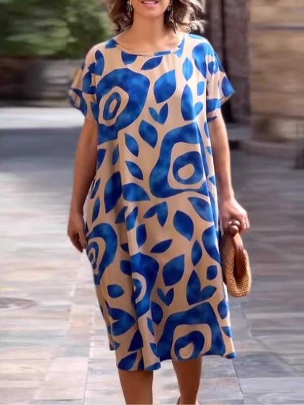 Loose Plus Size Floral Printed Split-Joint Round-Neck Midi Dresses
