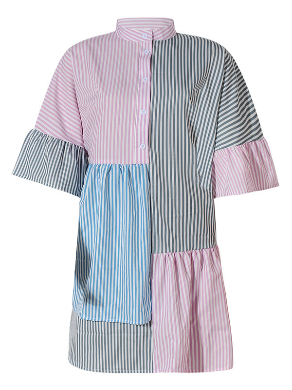 Buttoned Contrast Color Pleated Split-Joint Striped Long Sleeves Loose Stand Collar Shirt Dress Mini Dresses