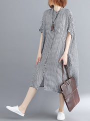 Artistic Retro Loose Split-Joint Plaid Buttoned Stand Collar Half Sleeves Midi Dress