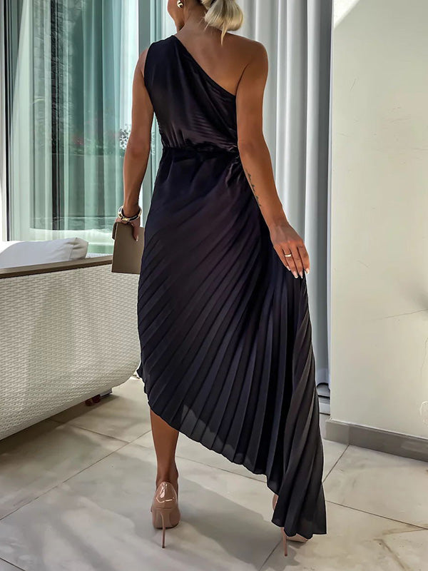 Solid Color Off-The-Shoulder Sleeveless Flower Asymmetric Pleated Maxi Dresses