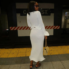 Elegant Knitted Skirt Suits For Women Fungus Cut Out Sexy Cardigan Top Long Slim Skirts Beach Holiday Lady Two Pieces SetChristmas Gifts