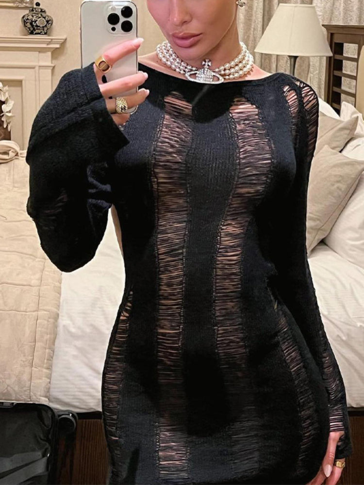 Sexy Sheer Knitted Dress Women Bodycon Long Sleeve Hollow Out Mini Dresses Femme Club Sexy Backless Knitwear Dress WomensChristmas Gifts