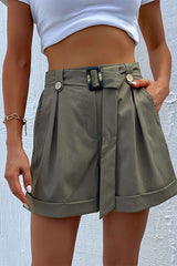 Belted Pleated Rolled Hem Shorts