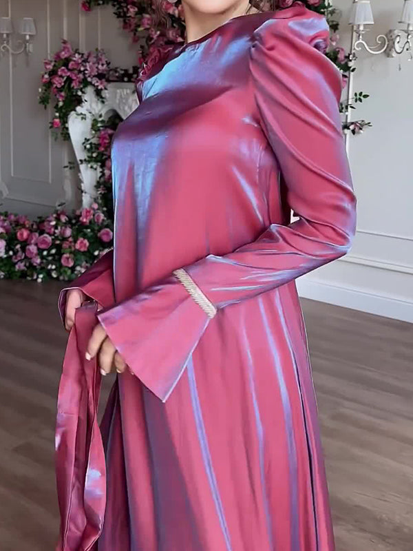 Pleated Solid Color Tied Waist Zipper A-Line Long Sleeves Round-Neck Maxi Dresses