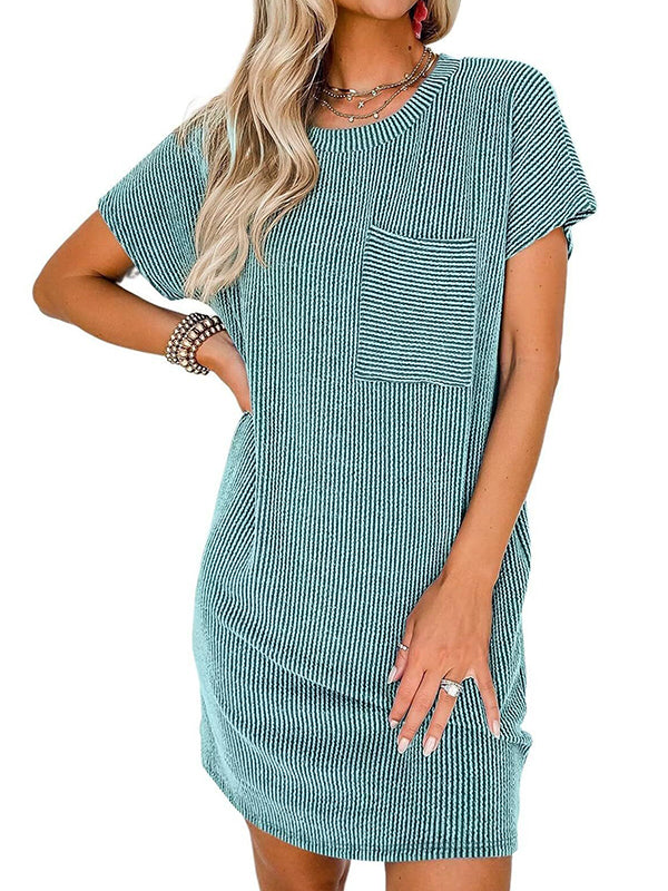 Contrast Color Pockets Split-Joint Striped A-Line Loose Round-Neck Mini Dresses
