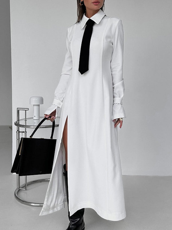 Buttoned Solid Color Split-Joint Split-side A-line Flared Sleeves Lapel Shirt Dress Maxi Dresses