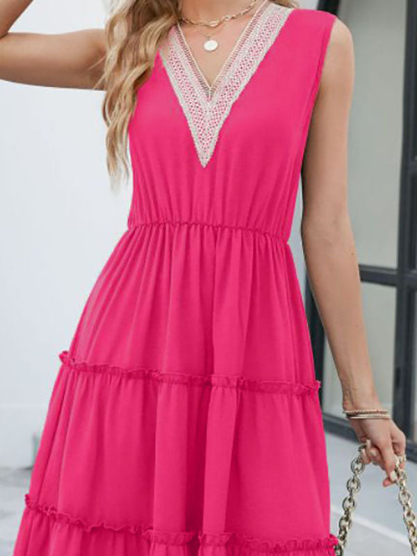 A-Line High Waisted Elasticity Pleated Split-Joint V-Neck Midi Dresses