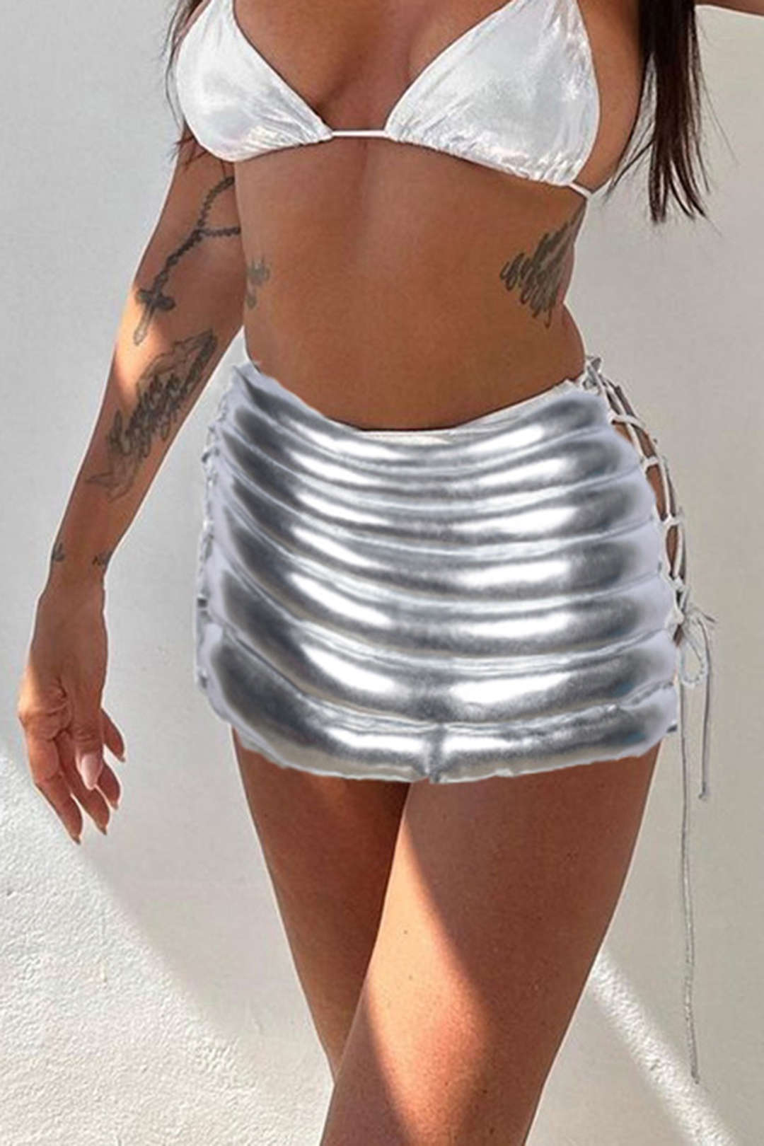 Metallic Tie Side Mini Skirt