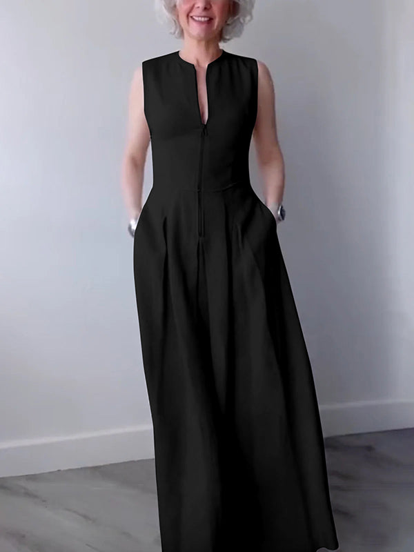 A-Line Loose Pleated Pockets Split-Joint Zipper Round-Neck Maxi Dresses