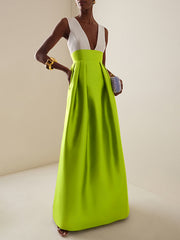 Contrast Color Pleated Zipper A-Line High Waisted Deep V-Neck Maxi Dresses