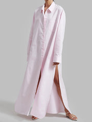 Long Sleeves Loose See-Through Solid Color Split-Joint Split-Side Lapel Maxi Dresses Shirt Dress