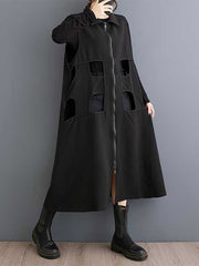 Loose Sleeveless Hollow Solid Color Zipper Lapel Midi Dresses