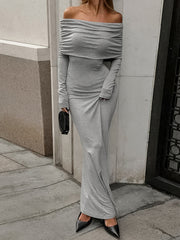 Long Sleeves Skinny Pleated Solid Color Split-Joint Off-The-Shoulder Evening Dresses Maxi Dresses