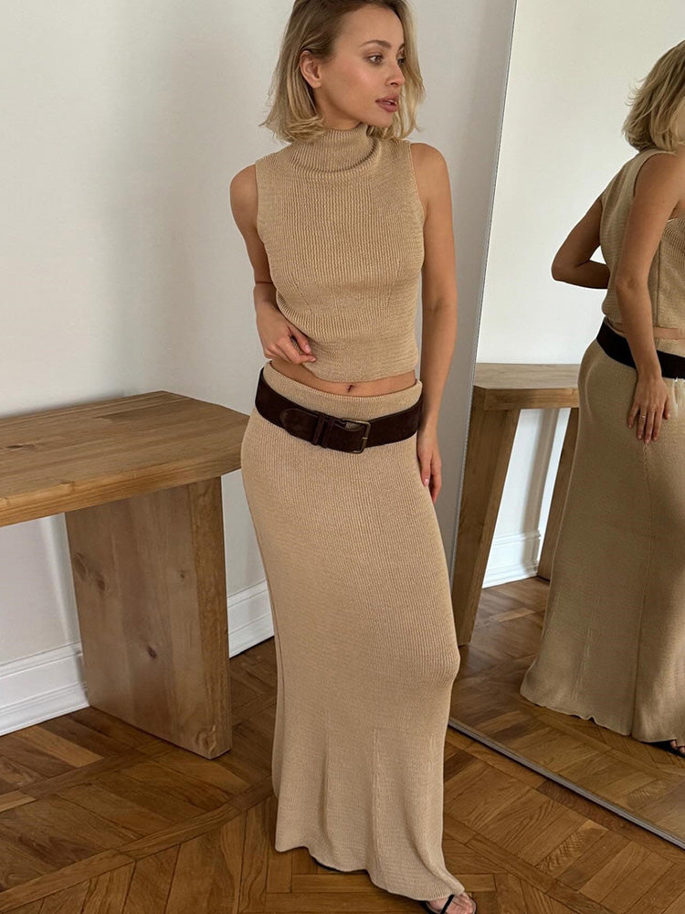 Eleganter Pullover Zweiteiler Ärmelloses Strickrollkragenweste Hoher Taillenrock Weibliche Feste Dünne Kleidersätze 2025 Neu 