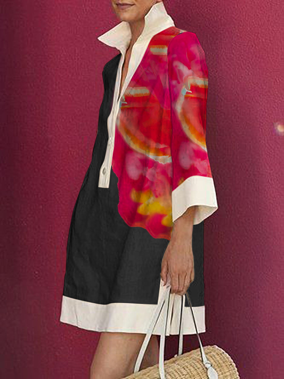Buttoned Contrast Color Flower Print Loose Three-quarter Sleeves Lapel Shirt Dress Mini Dresses