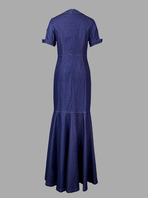Buttoned Hollow Split-Joint Bodycon Mermaid Round-neck Maxi Dresses