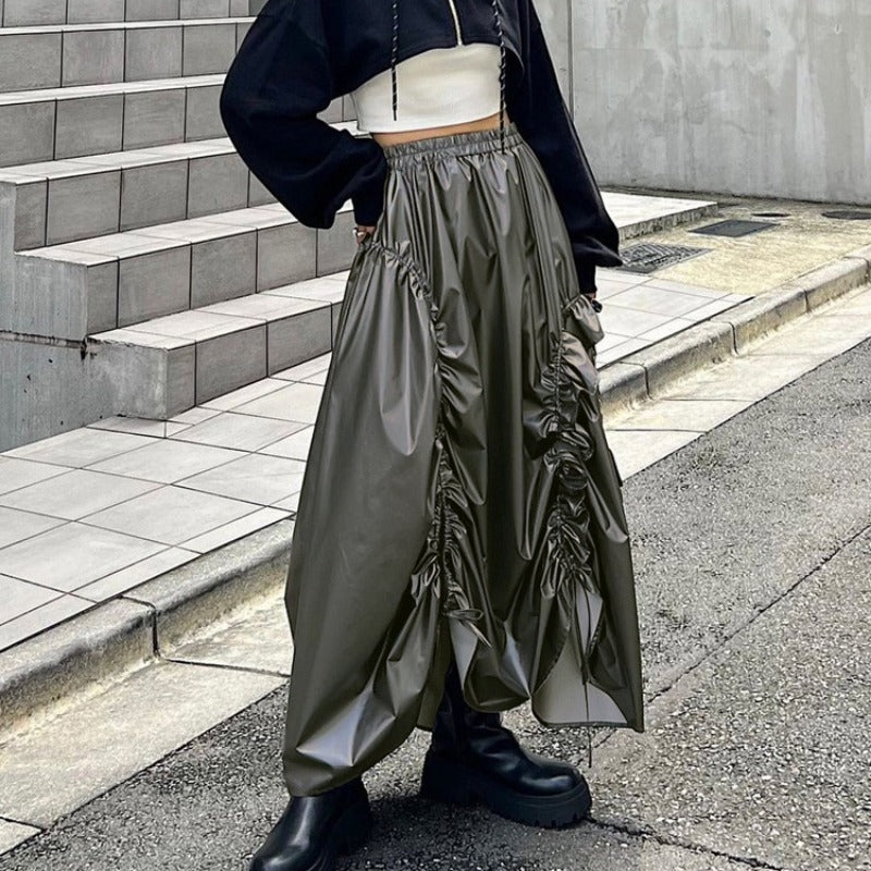 Retro A-Linien-Rock für Damen, hohe Taille, einfarbig, Kordelzug, plissierter Regenschirmrock, Streetwear, lässiger Y2k-Rock, weibliche Outfits 