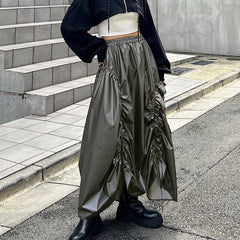 Retro A-Linien-Rock für Damen, hohe Taille, einfarbig, Kordelzug, plissierter Regenschirmrock, Streetwear, lässiger Y2k-Rock, weibliche Outfits 