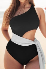 Contrast Knot Side Cut Out One Shoulder One-Piece Swimsuit