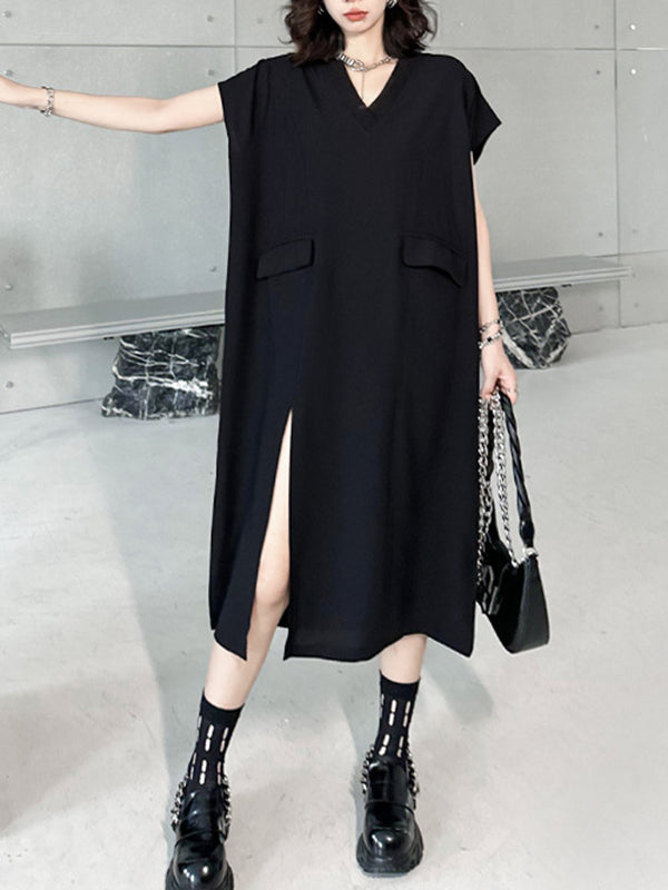 Loose Short Sleeves Asymmetric Solid Color Split-Joint Split-Side V-Neck Midi Dresses