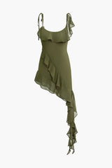 Einfarbiges Minikleid mit asymmetrischem Saum und Rüschen 