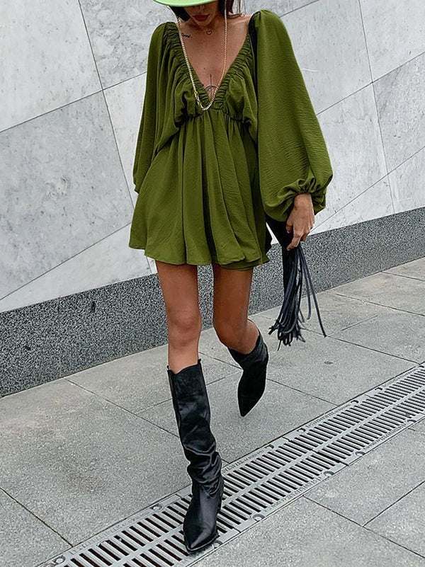 Long Sleeves Loose Elasticity Solid Color V-back Deep V-Neck Mini Dresses
