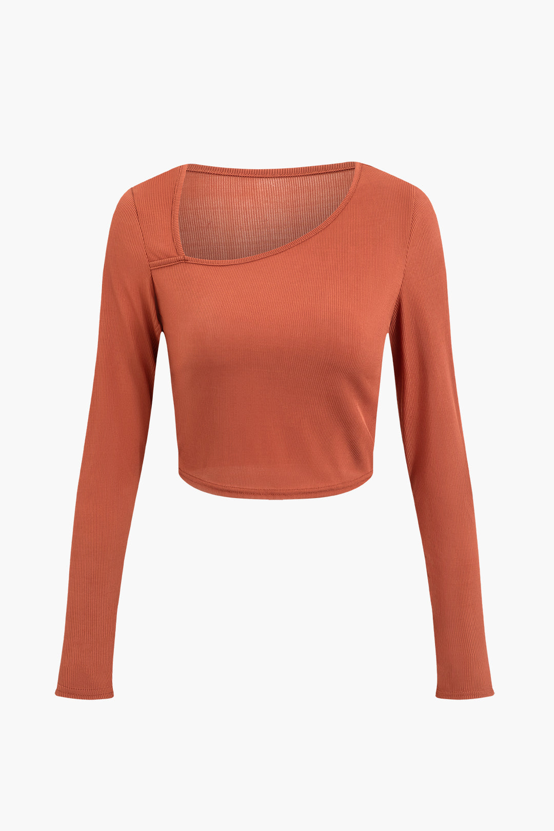 Asymmetrical Neckline Ribbed Long Sleeve Top