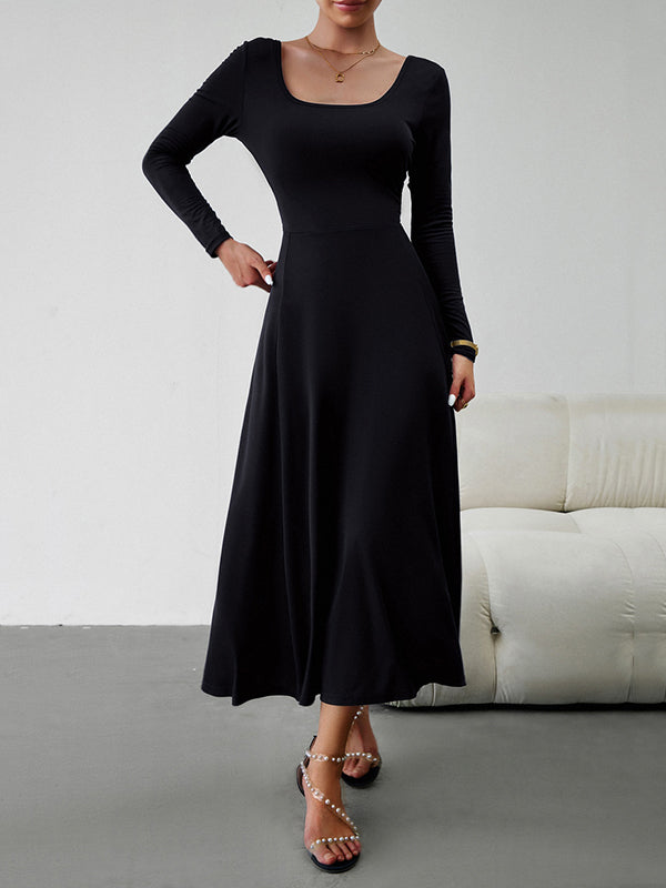 A-Line High Waisted Solid Color Tied Waist U-Neck Midi Dresses