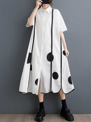Buttoned Pockets Polka-Dot Split-Front Split-Joint A-Line Half Sleeves Lapel Shirt Dress Midi Dresses