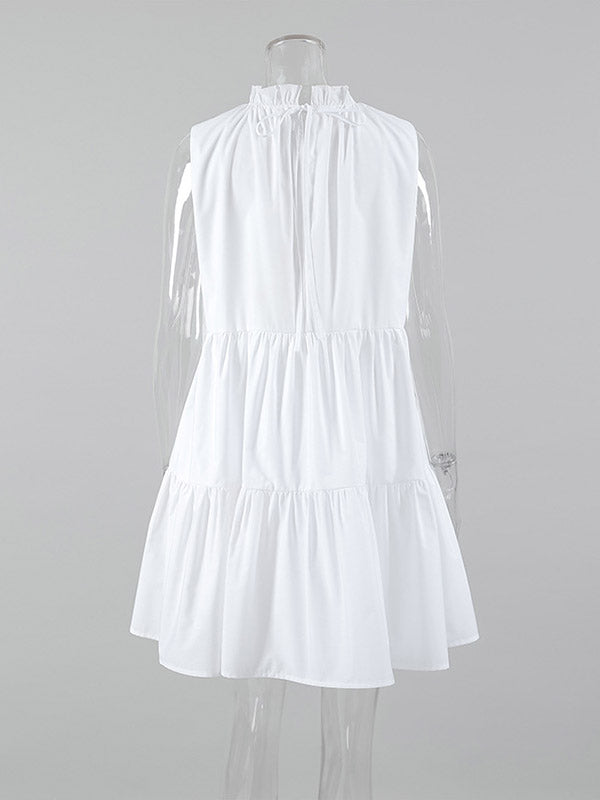 Pleated Ruffled Solid Color Split-Joint A-Line Loose Round-Neck Shirt Dress Mini Dresses