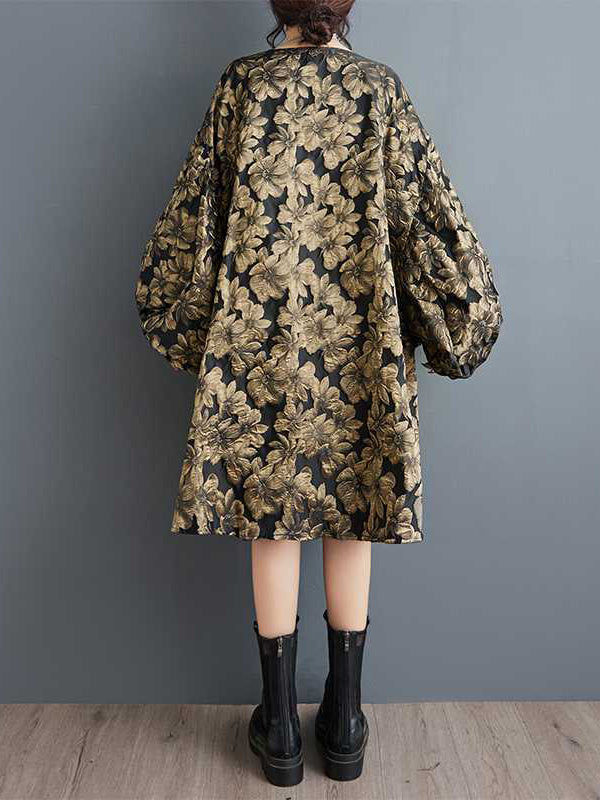 Elasticity Flower Print Jacquard A-Line High-Low Round-Neck Midi Dresses